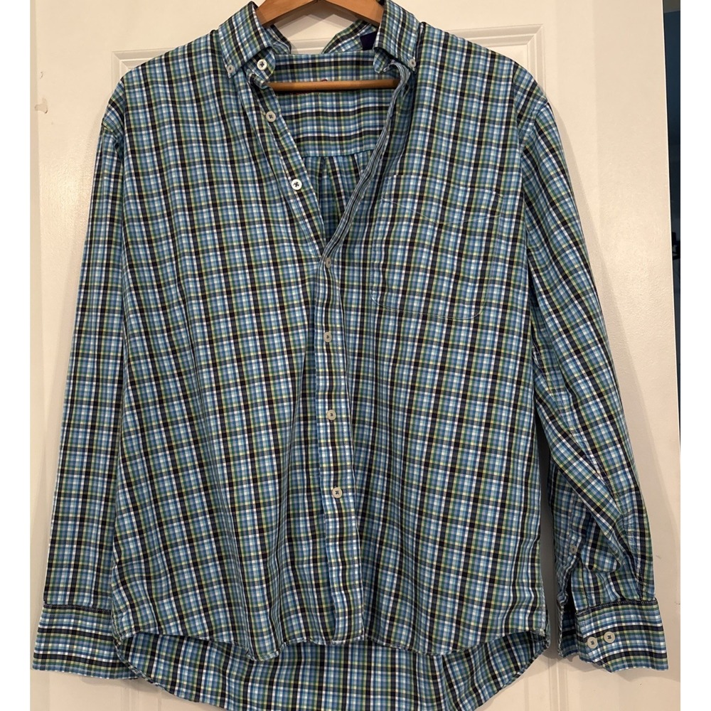 Alan Flusser Men's Shirt Sz L Blue Green White Plaid Button Down Long Sleeve